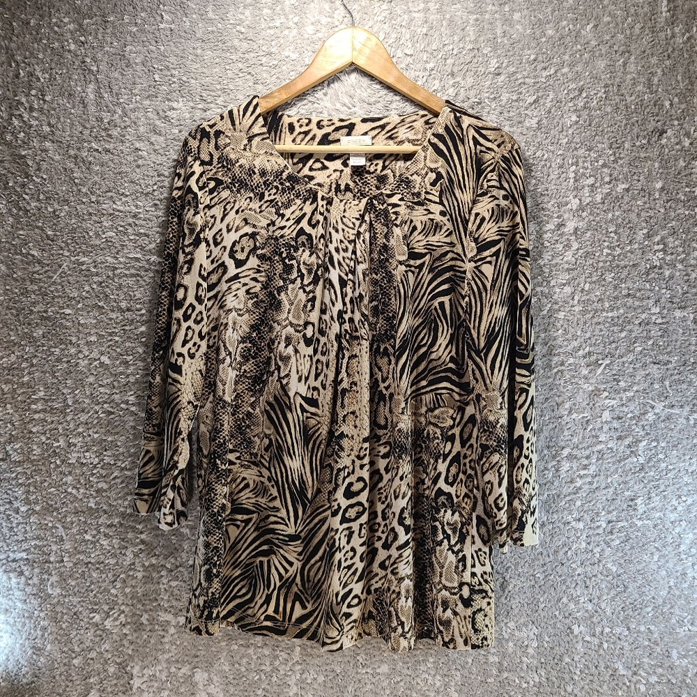 Chico’s Women's Animal Print Top Blouse Size 2, L Pleated Polyester Round Neck